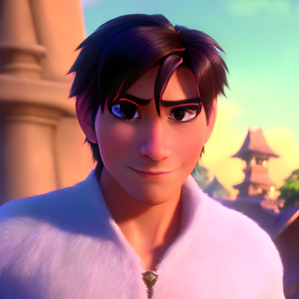 Animated male character with dark hair and fur-lined vest in sunset scene