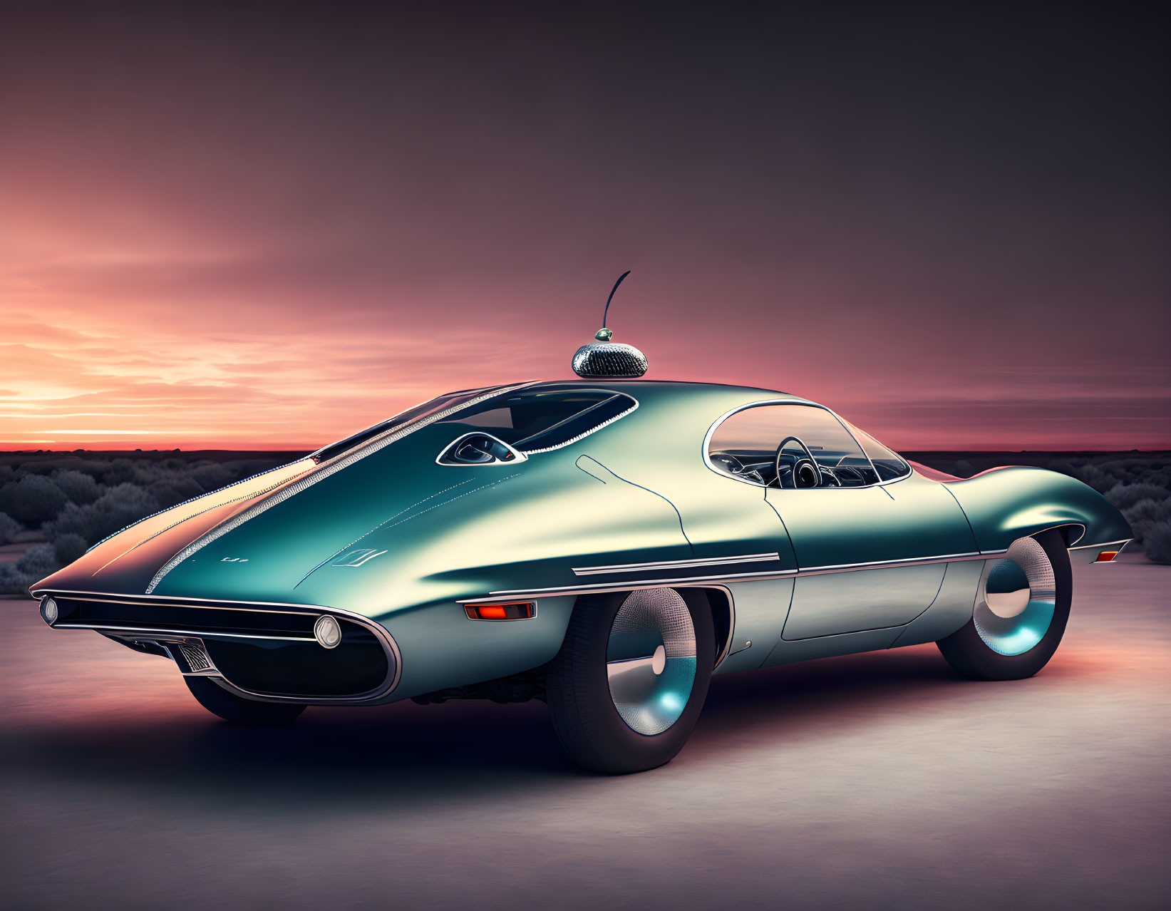 Futuristic design of a sleek classic car with glowing wheels in twilight