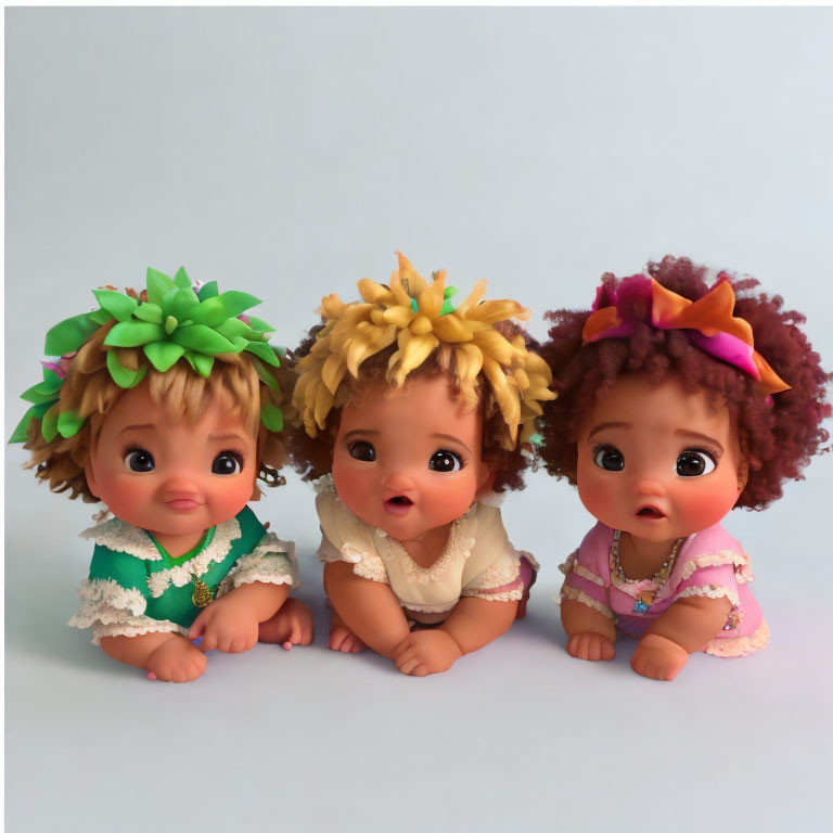 Three cute baby dolls with curly hair and expressive eyes in lace outfits.