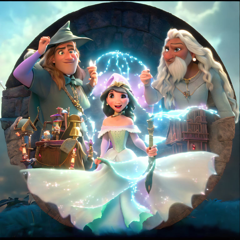 Enchantress with Magic Staff, Wizard, and Sage in Animated Scene