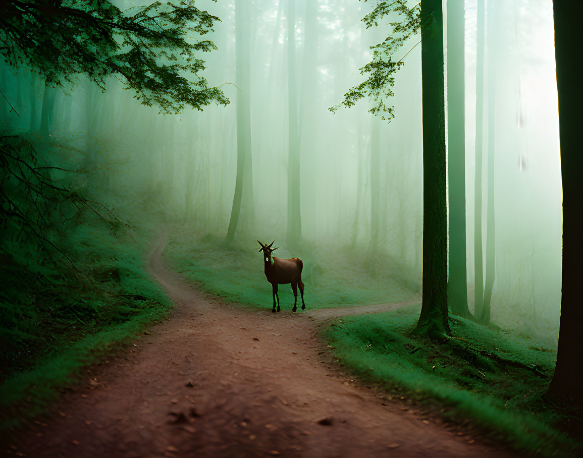 Misty forest path with lone deer and towering trees