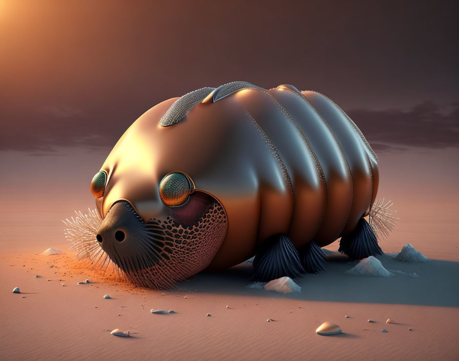 Surreal digital artwork: bulbous creature with segmented body, large eyes, and whiskers in