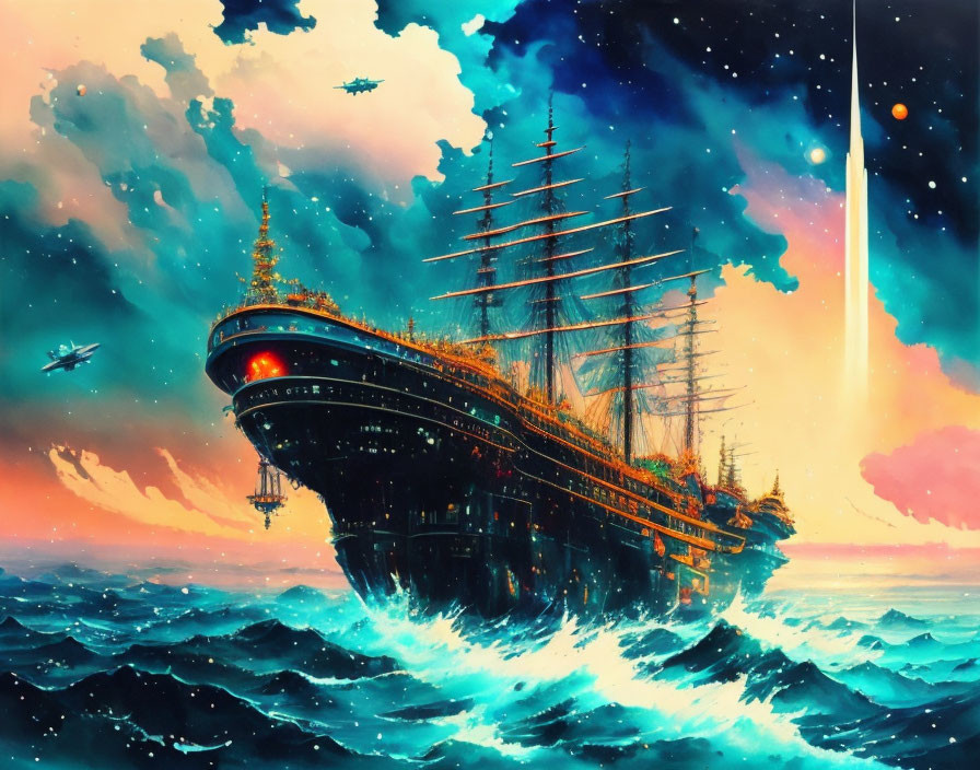 Sailing ship on turbulent seas under vibrant starry sky