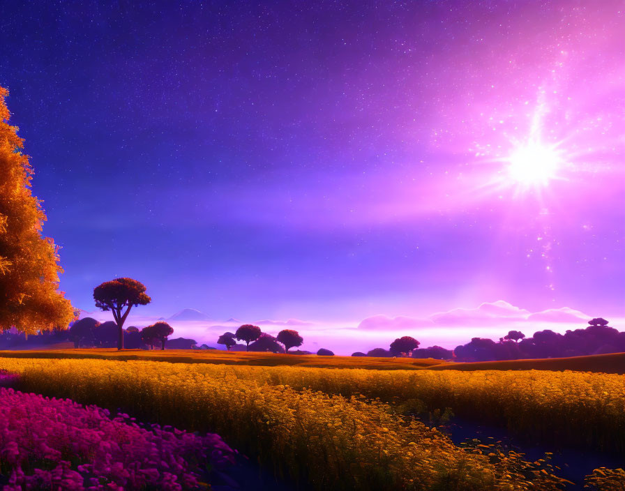 Colorful Dusk Landscape with Star, Purple Skies, Trees, and Flowers