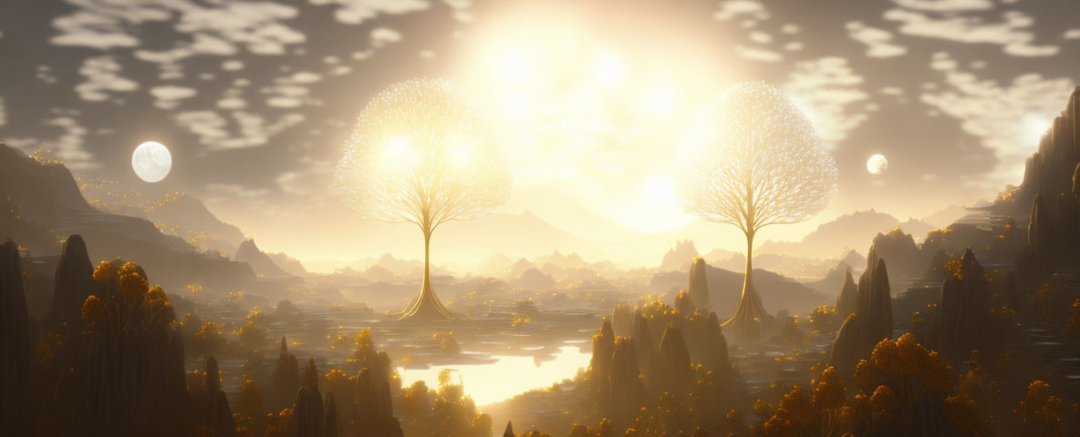 Mystical sunrise landscape with tree-like structures and rock formations