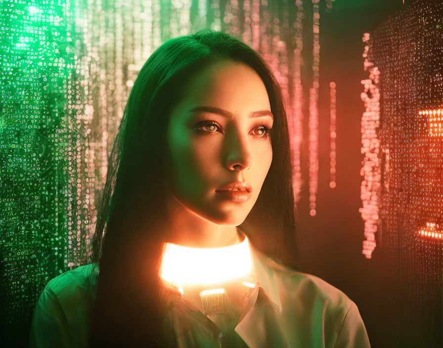 Contemplative woman in neon light with glowing collar and digital data streams