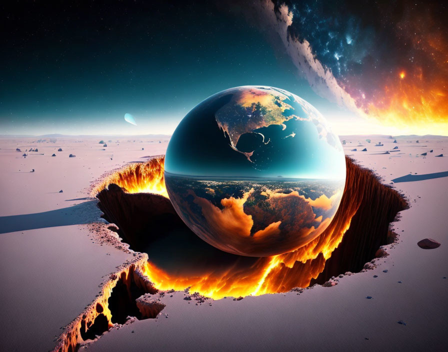 Surreal reflective sphere with world inside on cracked fiery landscape