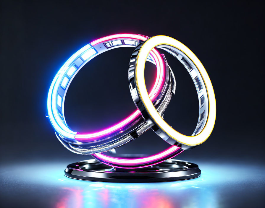 Futuristic illuminated blue and yellow rings on reflective surface