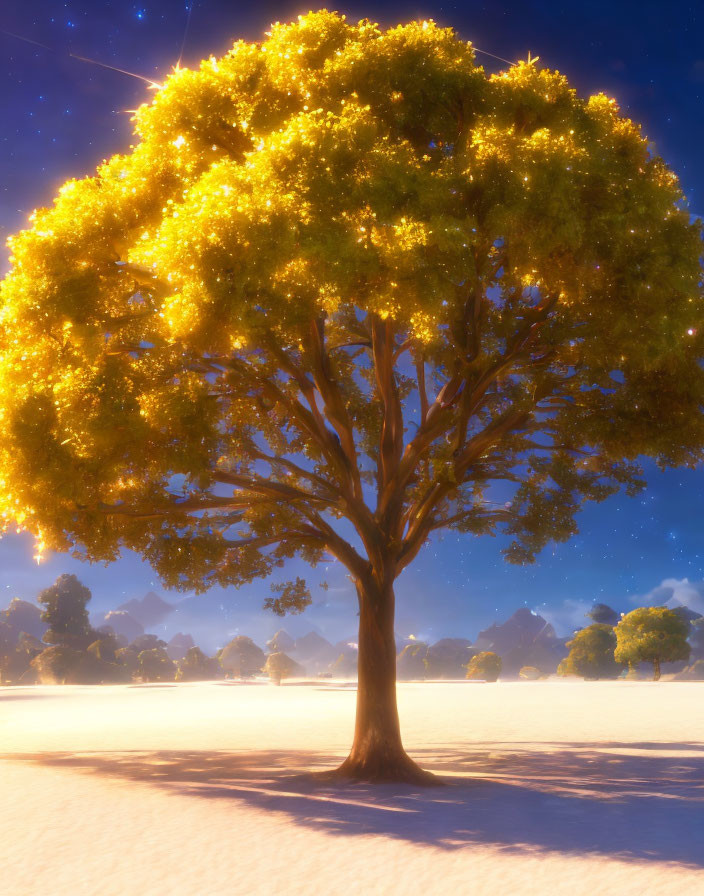 Solitary tree with lush foliage in warm light against starry night sky