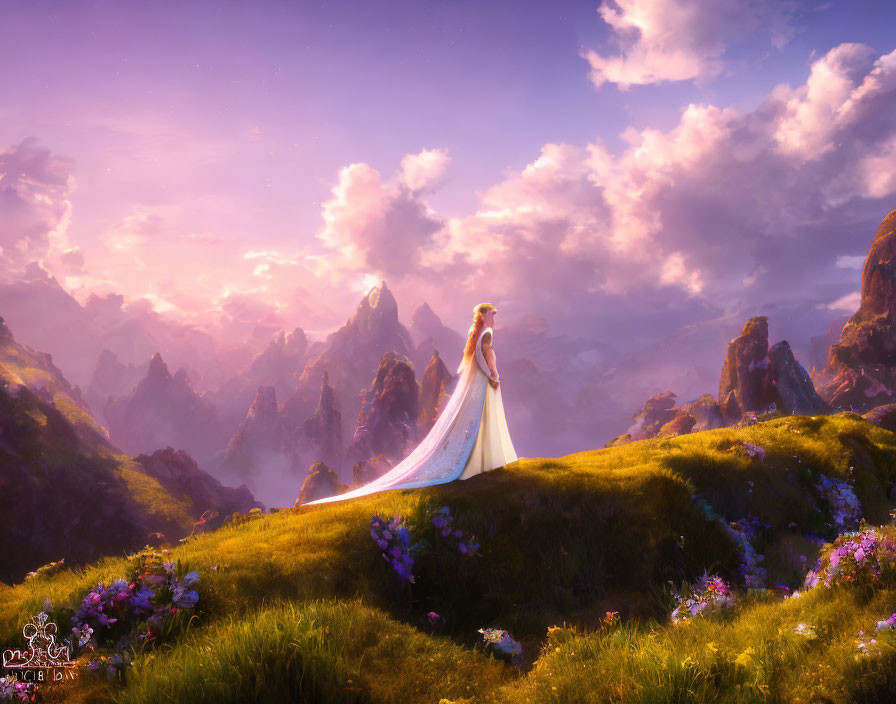 Woman in long gown on flower hill overlooking dramatic sunset mountains