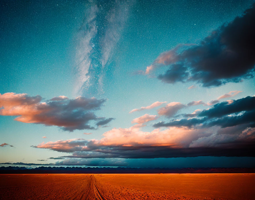 Twilight desert landscape with Milky Way, clouds, and warm glow