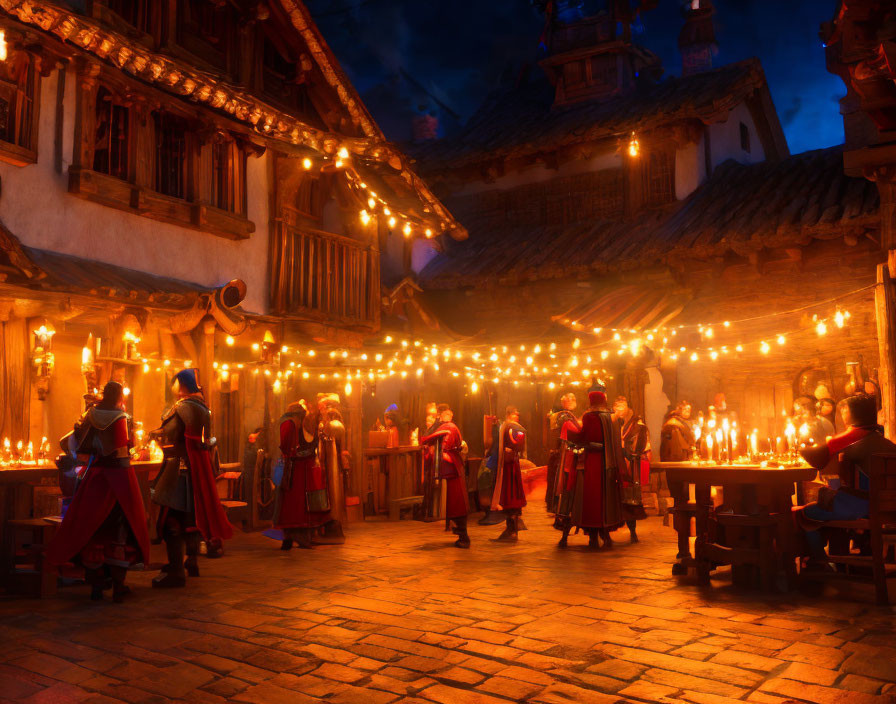 Medieval village scene: characters in cloaks, warm lights, fire pit