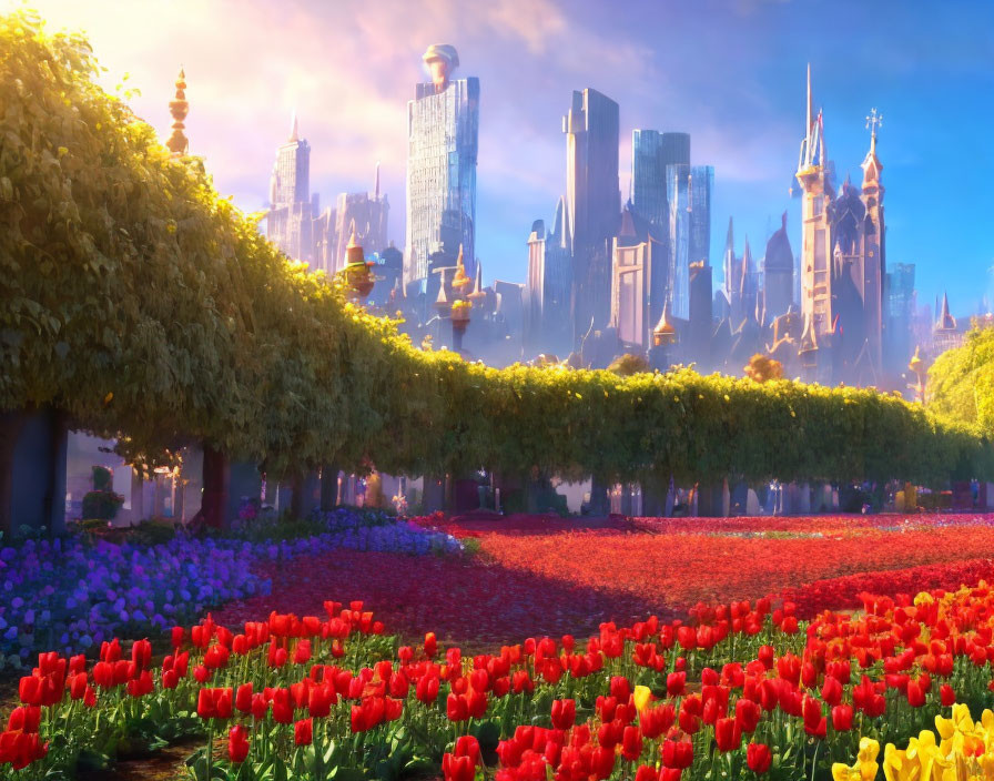 Colorful tulip field with futuristic cityscape under blue sky