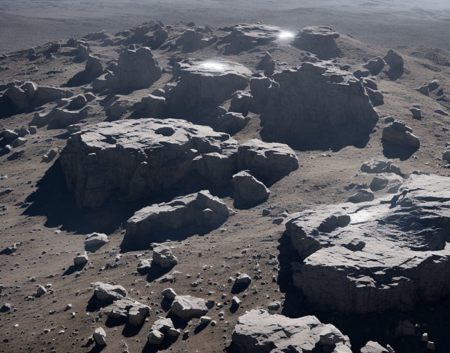 Barren rocky terrain with scattered boulders and patches of sunlight.