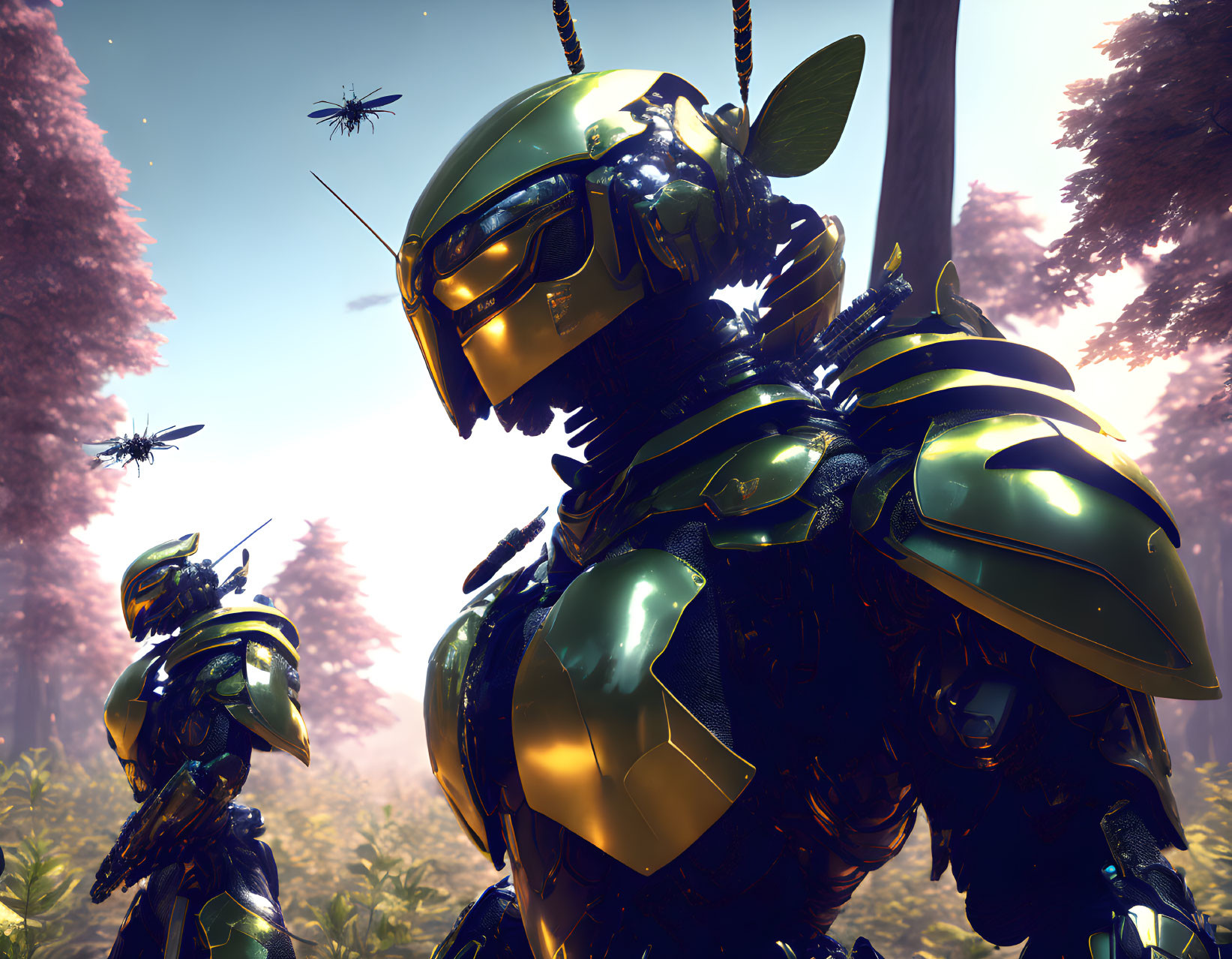 Armored bee-like robots in futuristic forest setting