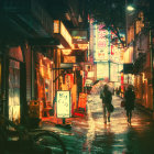 Rain-soaked neon-lit alleyway at night with cyberpunk vibe