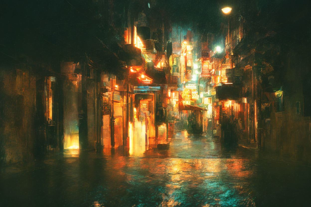 Rain-soaked neon-lit alleyway at night with cyberpunk vibe