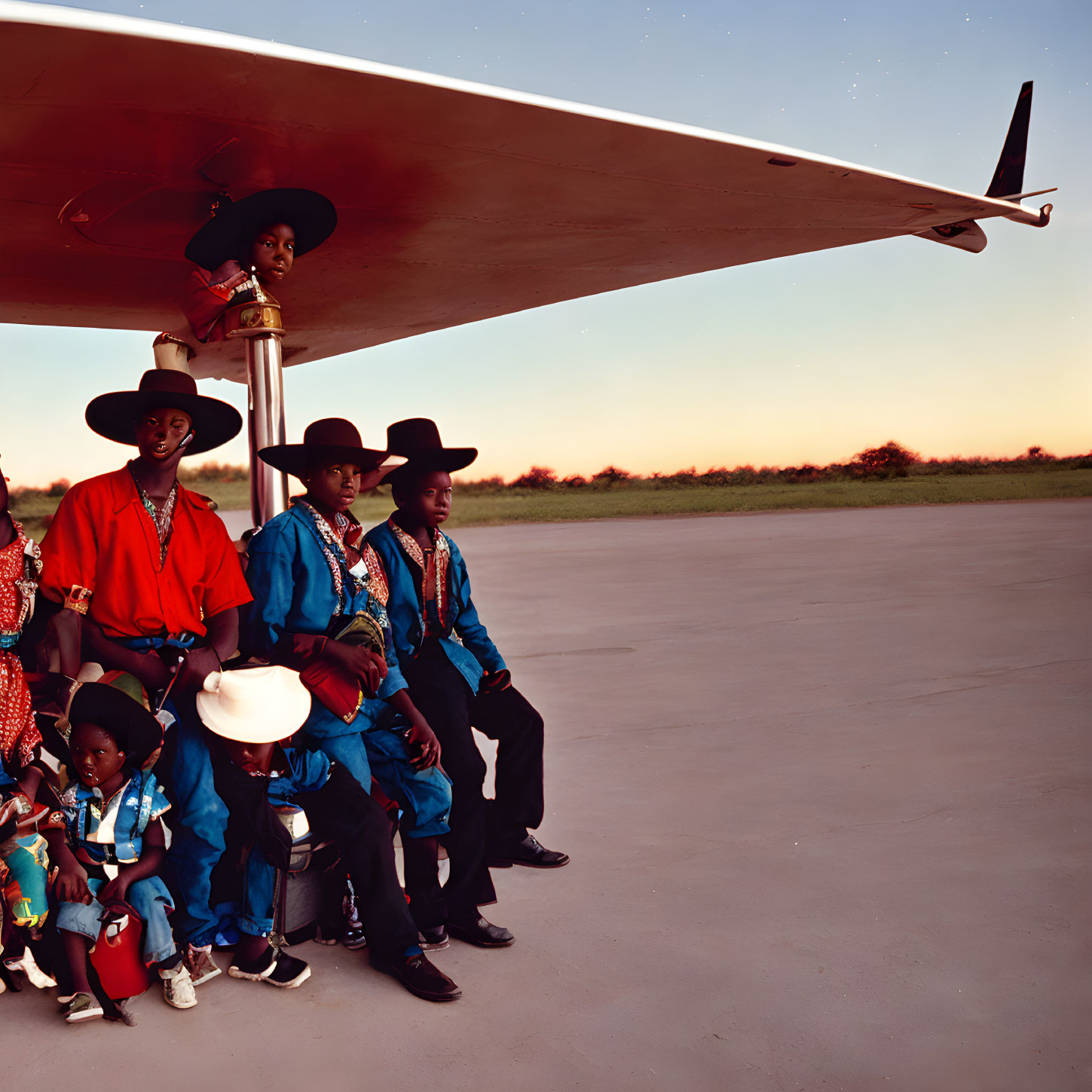 Group of People in Colorful Clothing and Cowboy Hats Under Airplane Wing at Twilight