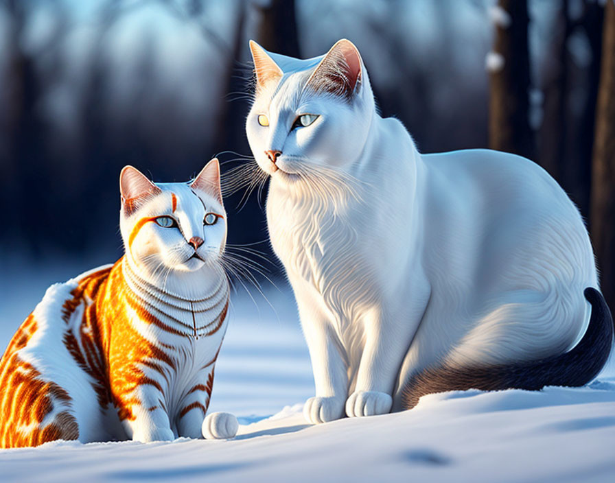 Two cats with striking blue eyes in snow: one white and grey, the other orange with white patches