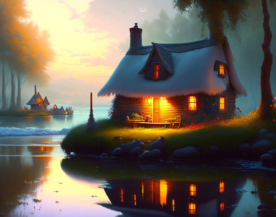 Cozy cottage by river at twilight with glowing windows