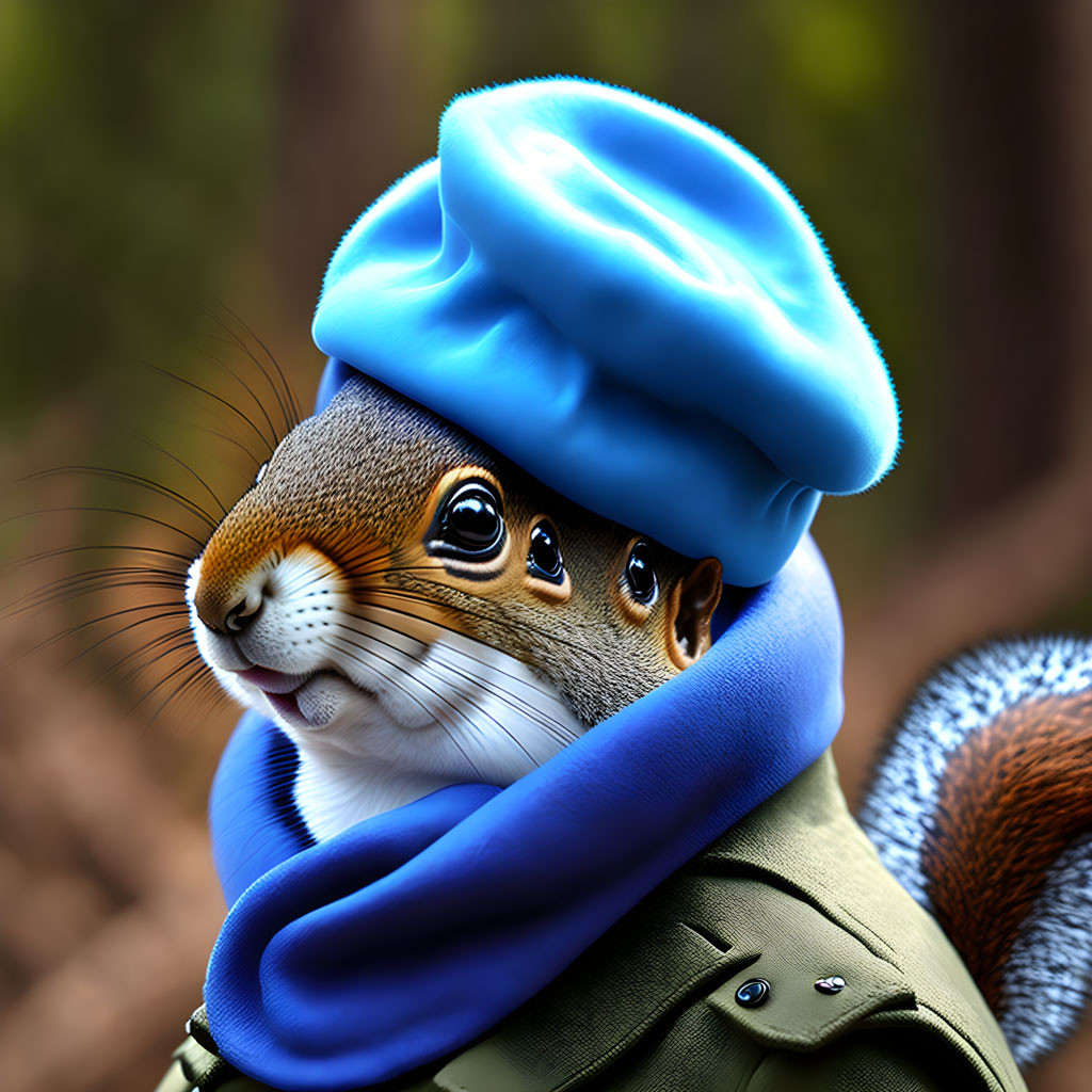 Squirrel in beret and scarf with military coat in woodland