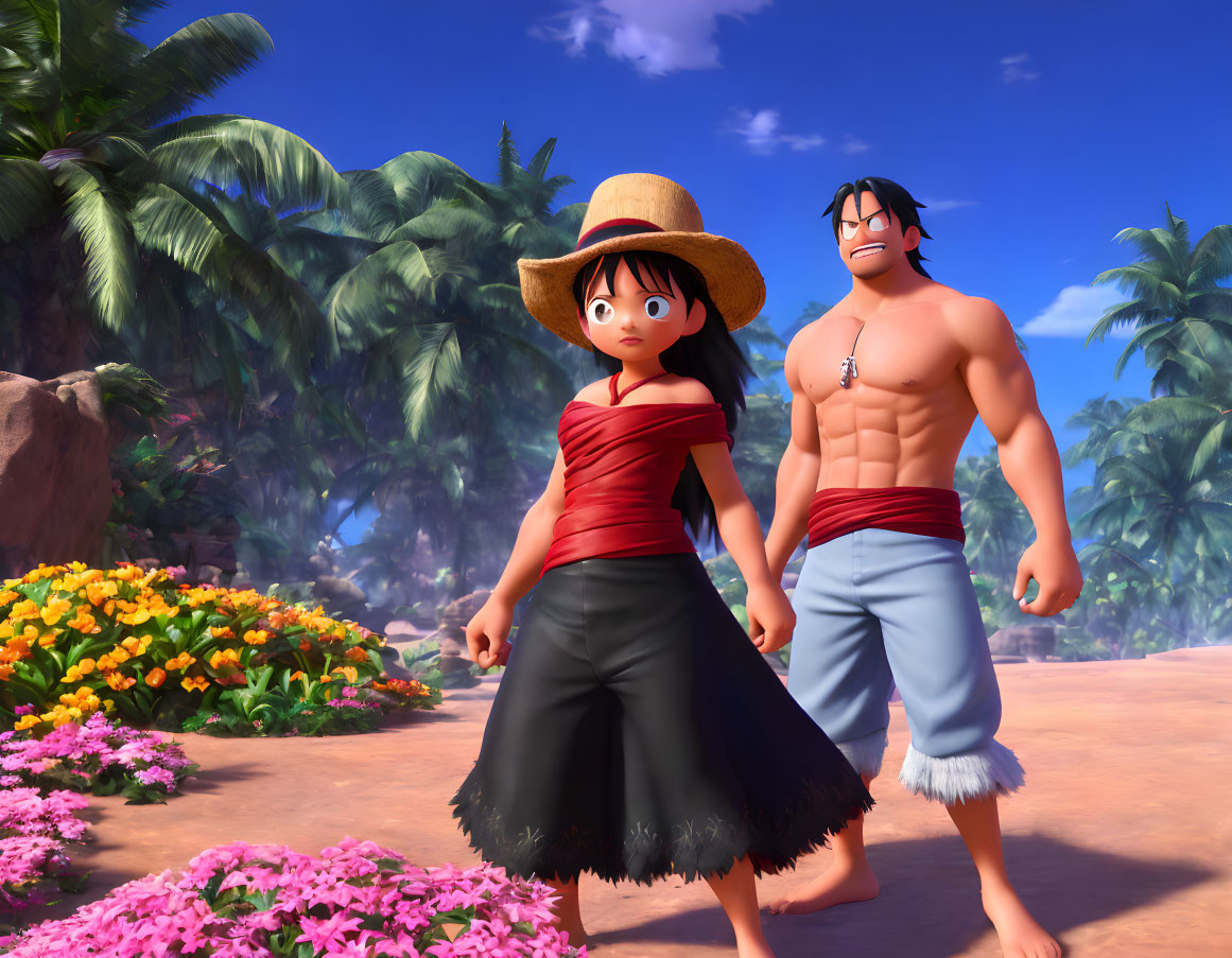 Animated girl in red top and black skirt with straw hat and muscular man in blue shorts in vibrant tropical