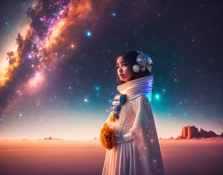 Futuristic female figure in white attire with yellow flower in desert under starry sky