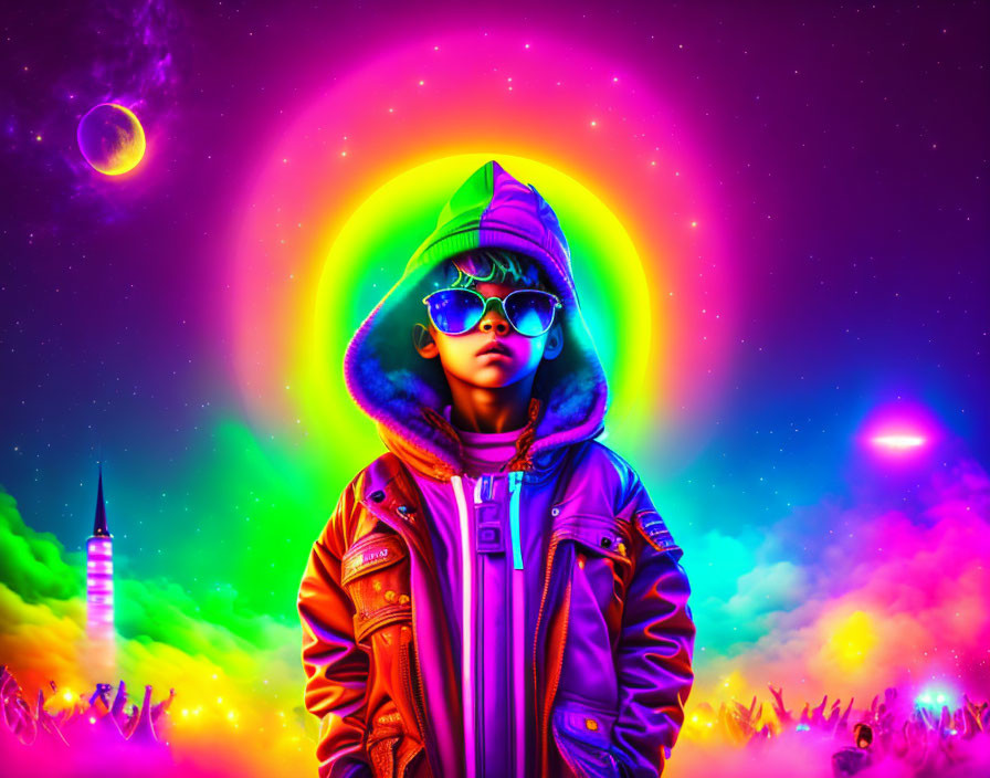 Child in Stylish Sunglasses Stands Before Psychedelic Background