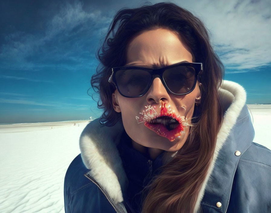 Woman in Sunglasses Blows Snowflake-Kiss in Fur-Lined Coat