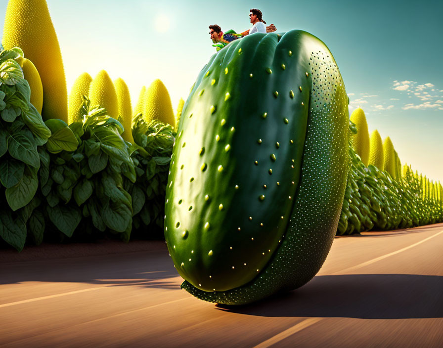 Miniature People Ride Giant Cucumber Among Oversized Vegetables