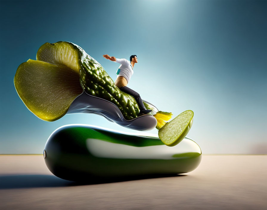 Person surfing on giant green pickle wave with slices, surreal gradient background