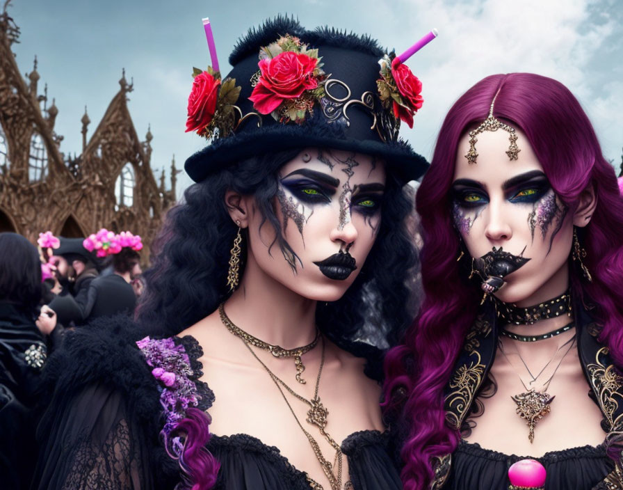 Two individuals in gothic attire with roses and jewels against a backdrop of Gothic architecture.