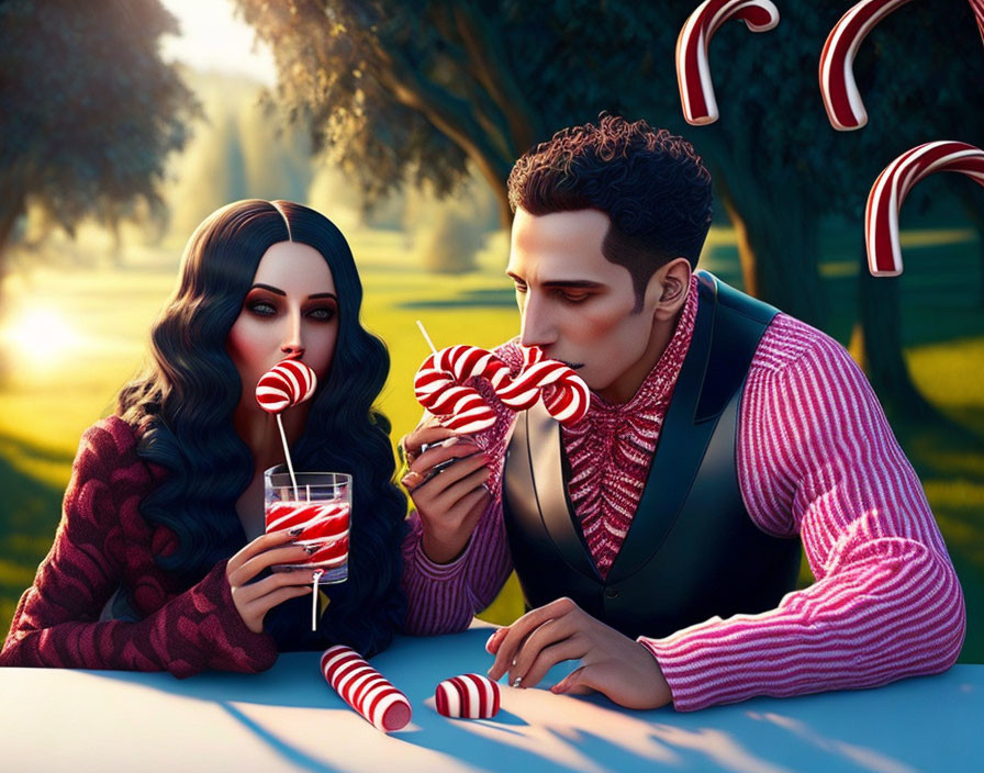 Whimsical illustration of man and woman with candy canes in a fantasy setting