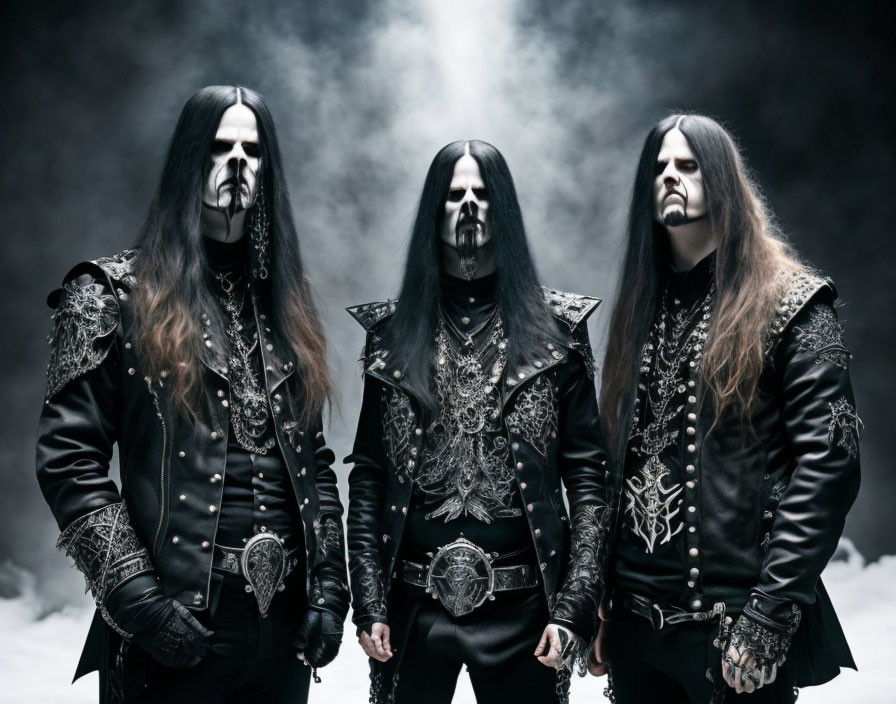 Three individuals in black metal attire with corpse paint against misty backdrop