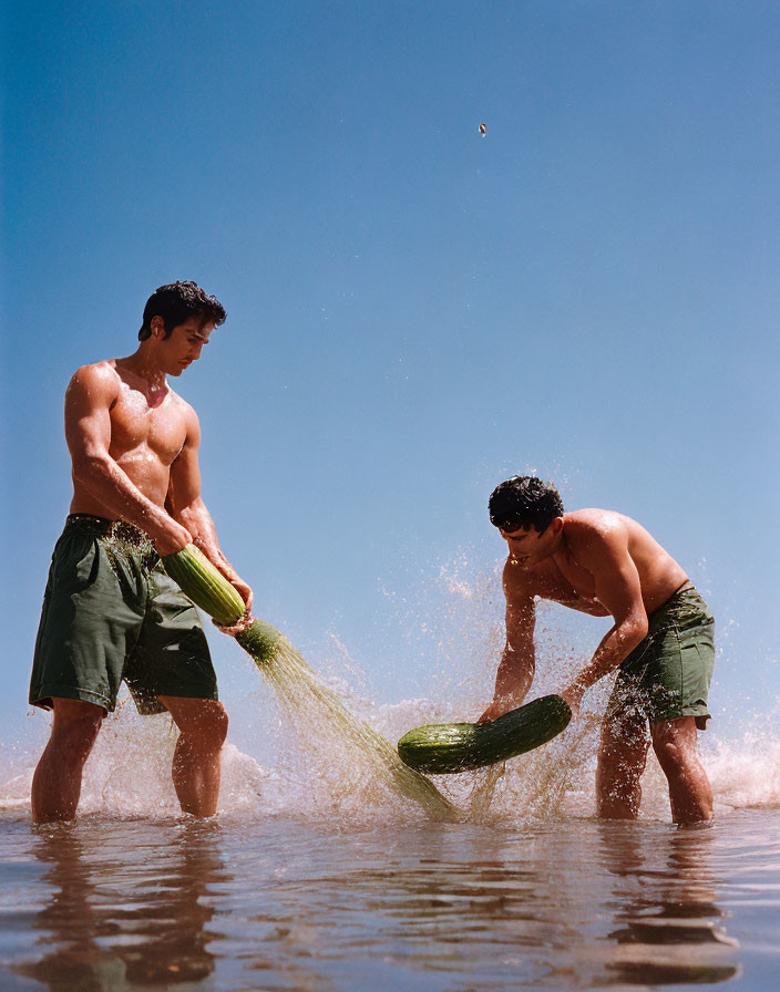 Two men smashing watermelons at the beach with flying fragment.