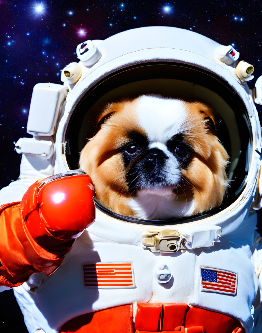 Smushed-face dog as astronaut in space suit with boxing glove