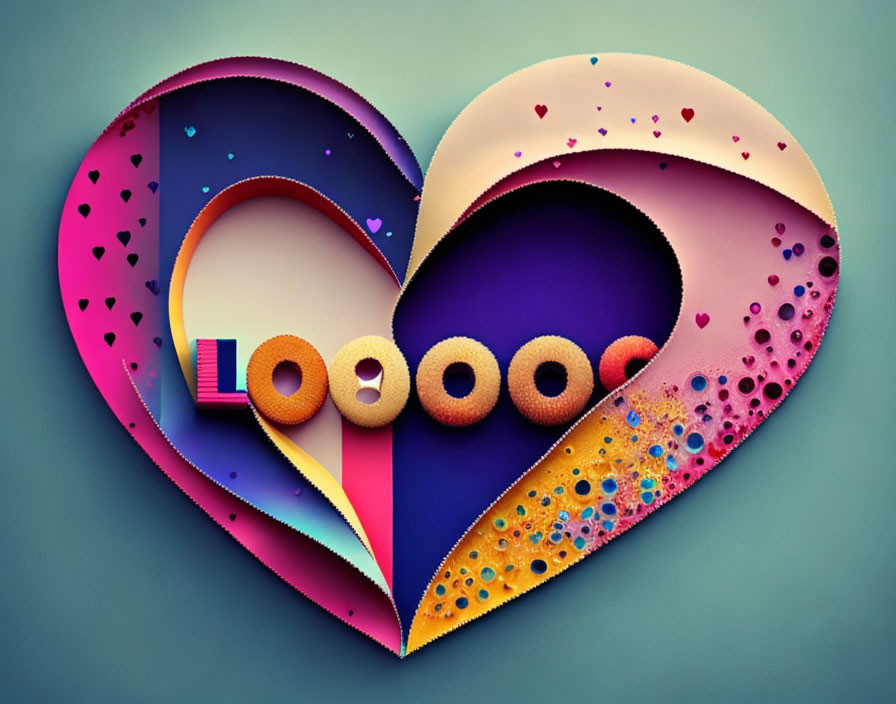 Colorful 3D heart with intricate patterns and "love" text adorned with geometric shapes