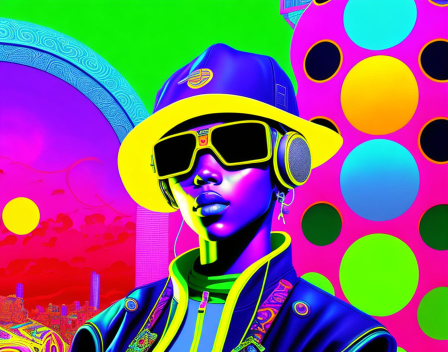 Colorful digital artwork of a stylized female figure in futuristic attire with headphones and shades amid psychedelic patterns