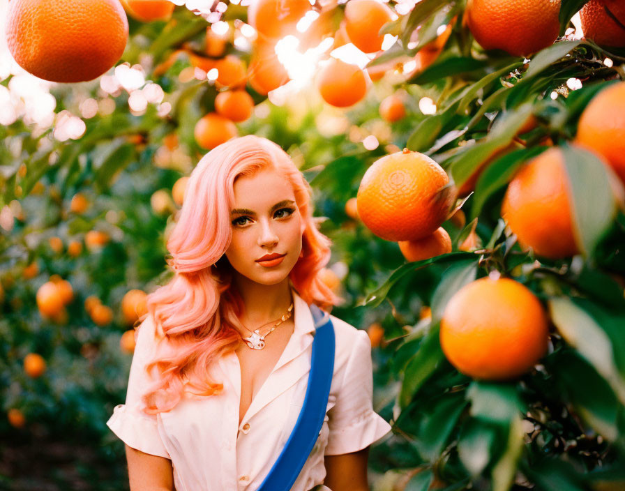 Pink-haired woman in white shirt with blue sash among orange trees.