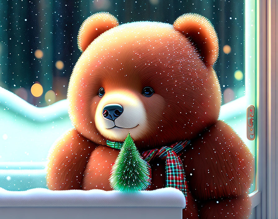 Plush teddy bear with scarf and Christmas tree by snowy window