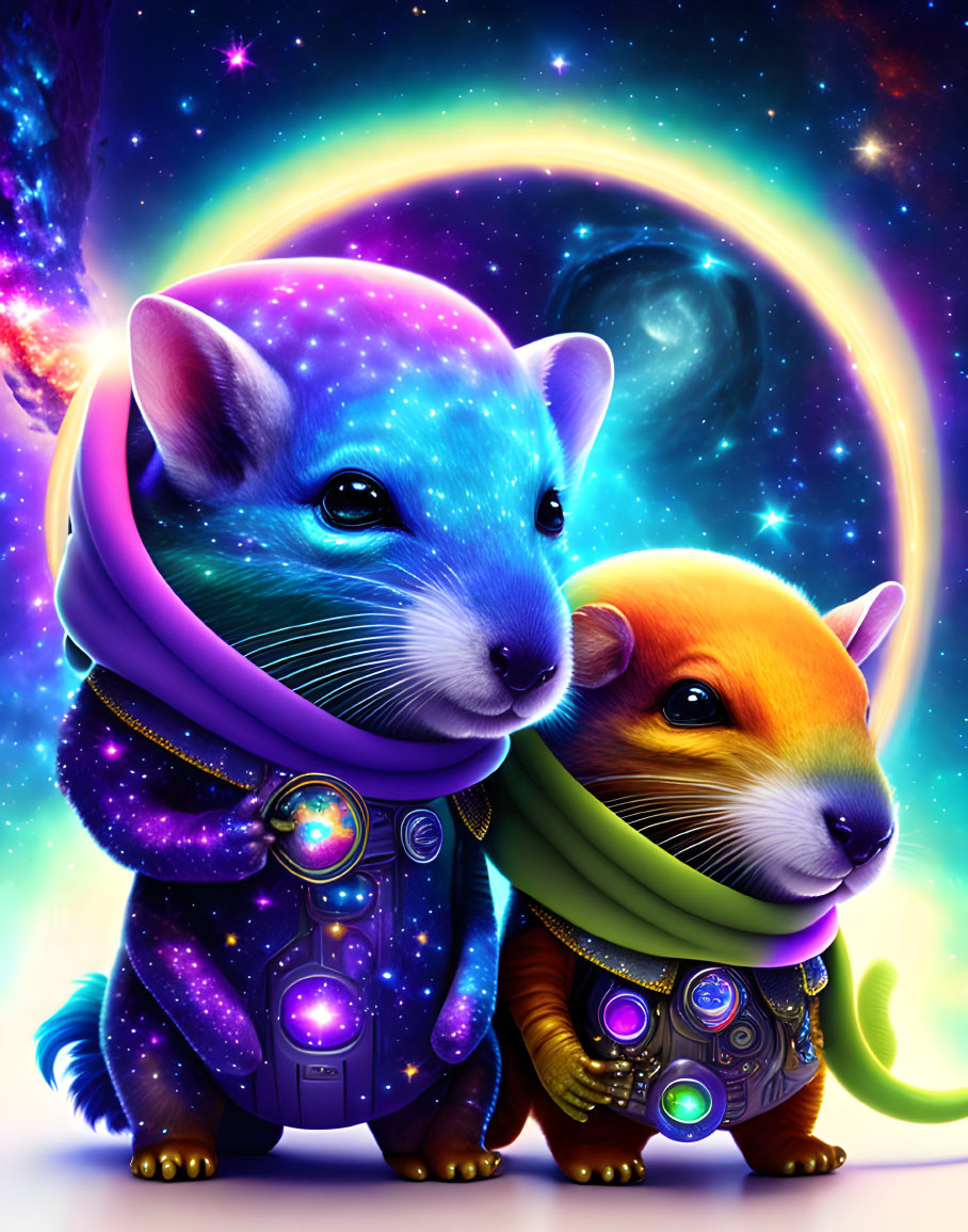 Stylized animated rodents in space-themed attire on cosmic backdrop