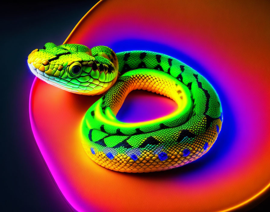 Colorful Digitally-Altered Snake on Orange-Purple Gradient Background