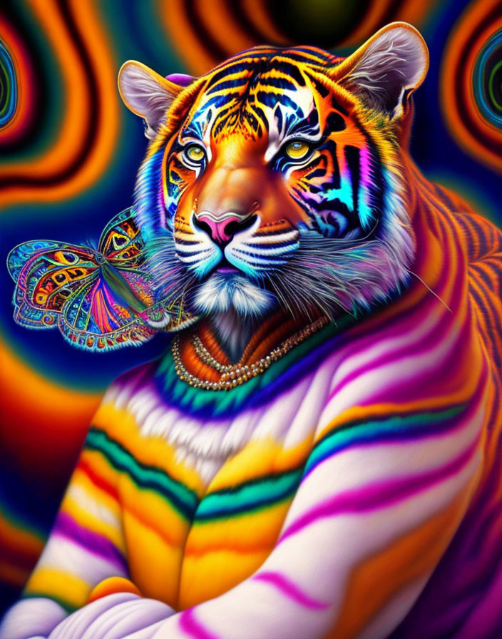 Colorful Tiger Artwork with Butterfly on Nose Against Abstract Background