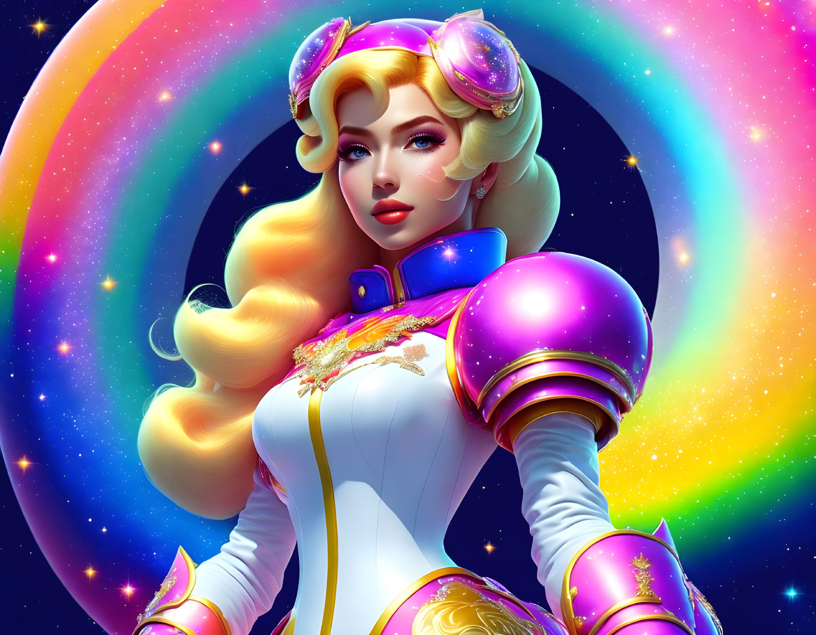 Vibrant animated female character in futuristic armor against cosmic  rainbow background | Deep Dream Generator