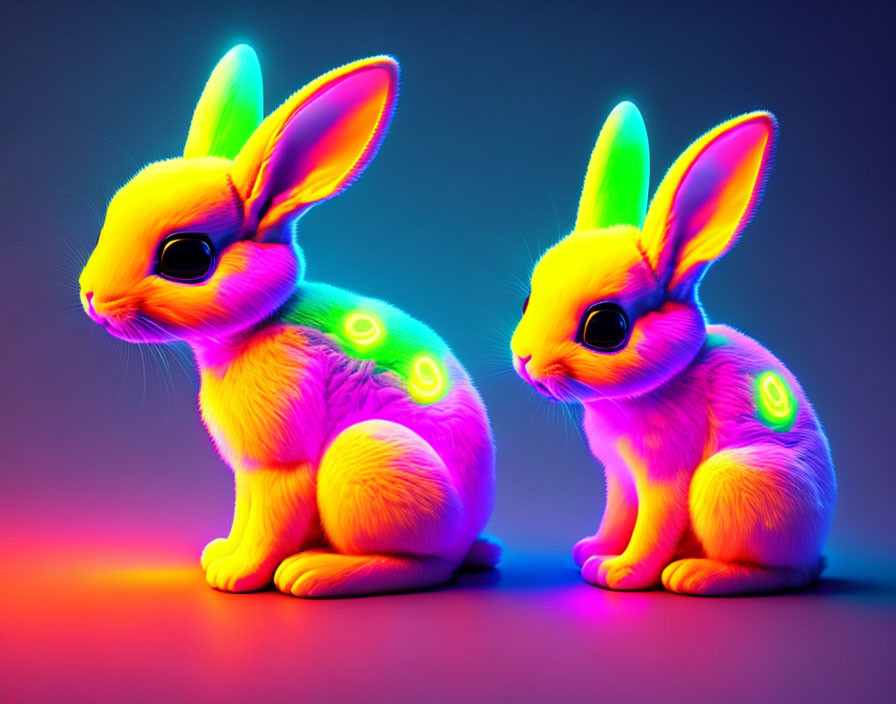 Neon-colored stylized rabbits on swirling background