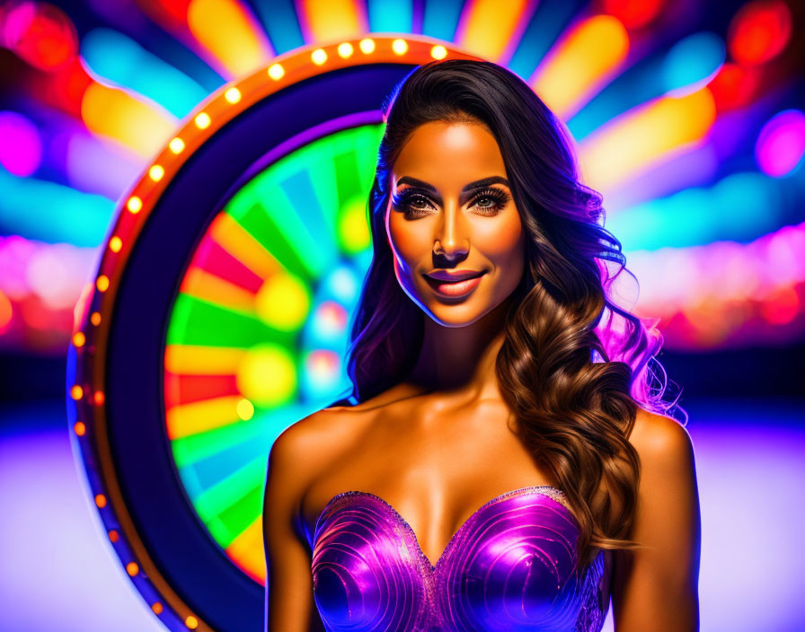 Woman with wavy hair and vibrant makeup smiling in front of colorful Ferris wheel at night.