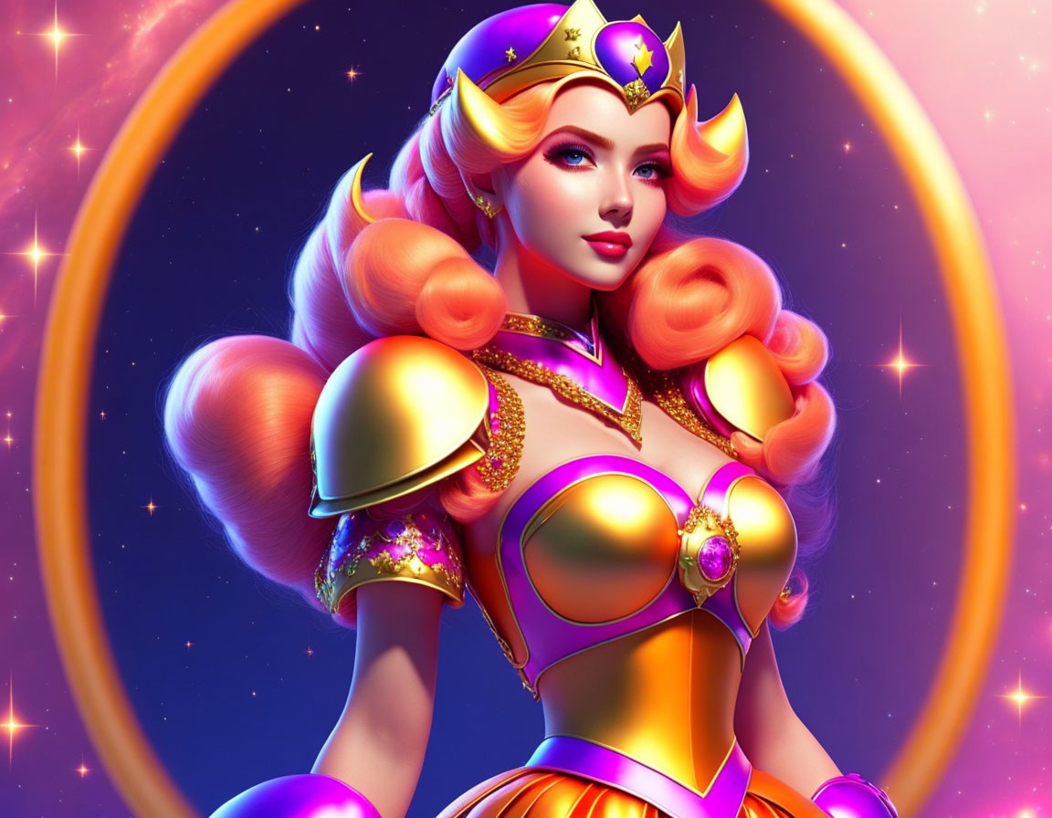 Stylized female character with pink hair and golden armor in cosmic setting