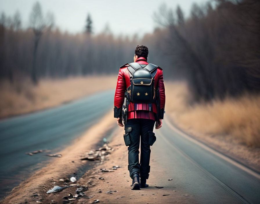 Person in red jacket walks on deserted road with barren trees