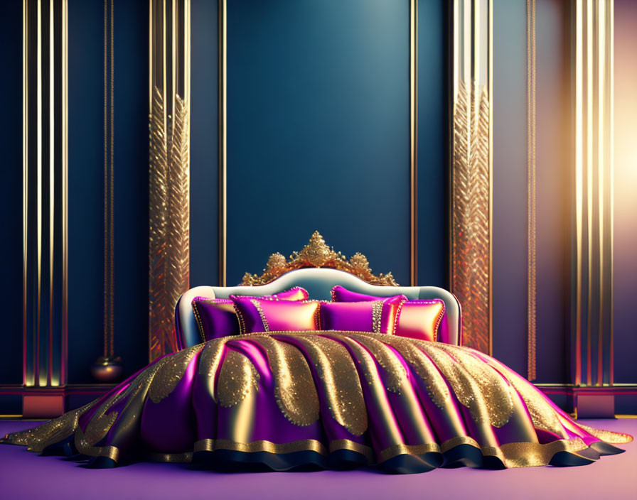 Ornate purple and gold throne on dark blue backdrop