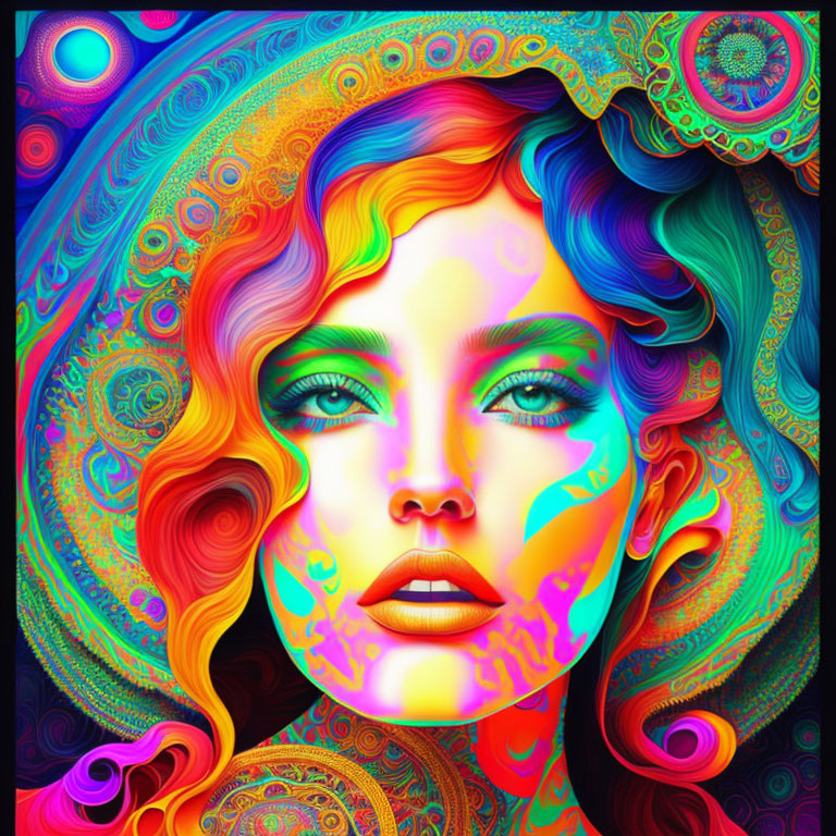 Colorful portrait of woman with swirling psychedelic patterns and vivid colors.